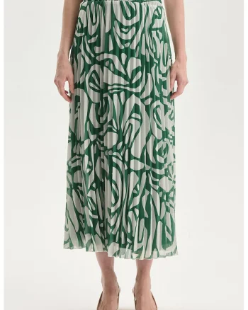 Fusta midi din sifon plisata, Verde/Alb fildes