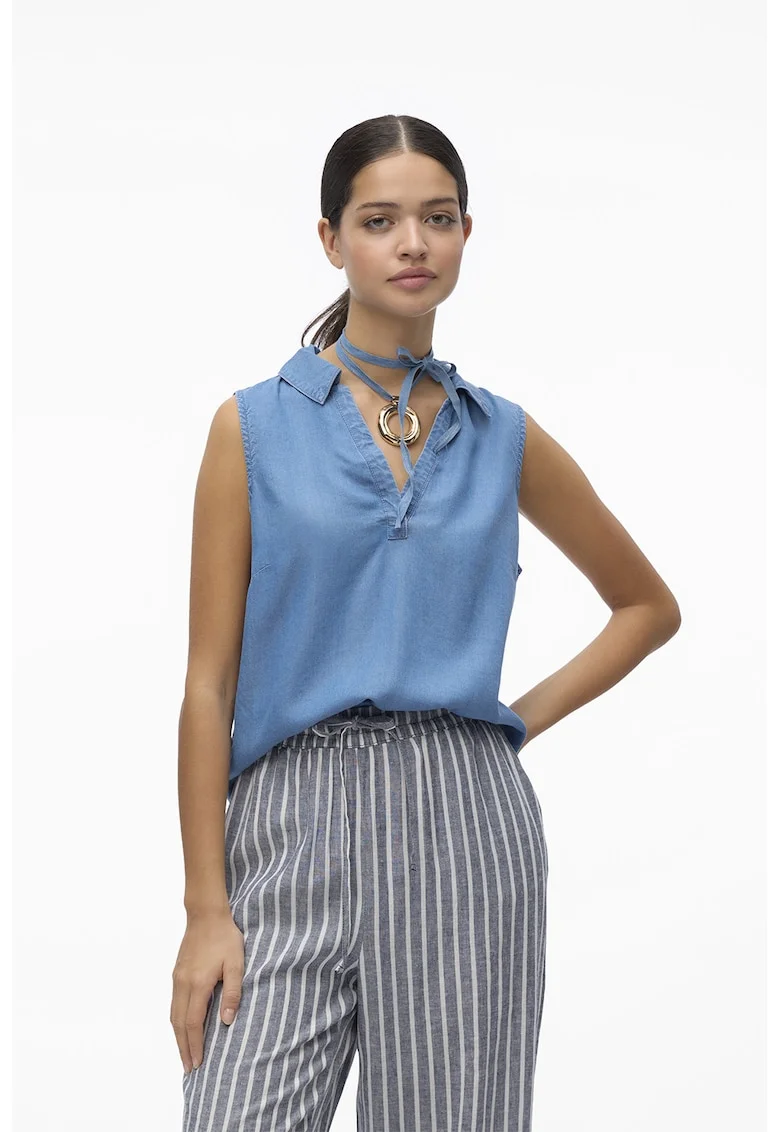 Bluza din lyocell, fara maneci, cu decolteu in V, Albastru lavanda