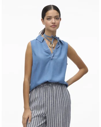 Bluza din lyocell, fara maneci, cu decolteu in V, Albastru lavanda