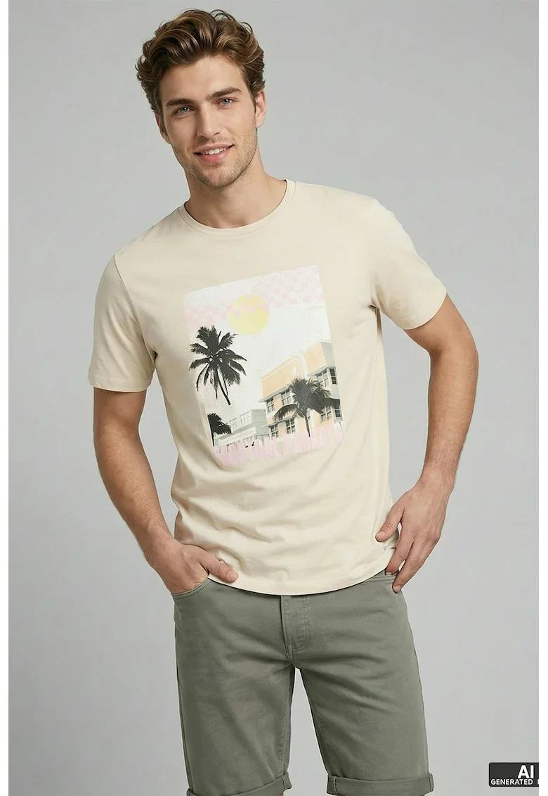 Tricou de bumbac cu imprimeu grafic, Crem