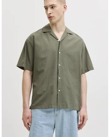 Camasa relaxed fit din amestec de in cu maneci scurte, Kaki
