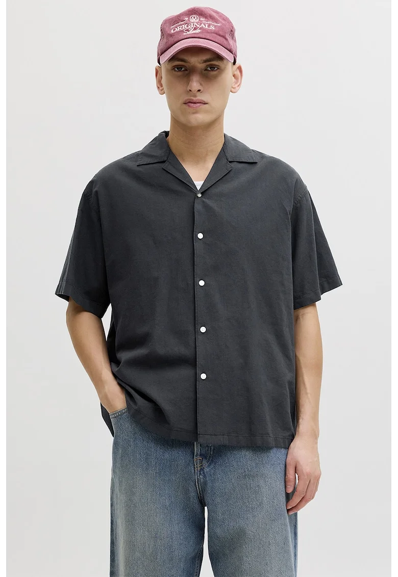 Camasa relaxed fit din amestec de in cu maneci scurte, Negru stins