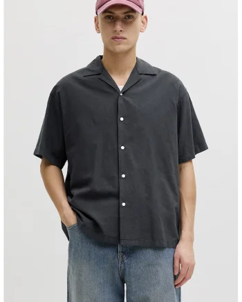 Camasa relaxed fit din amestec de in cu maneci scurte, Negru stins