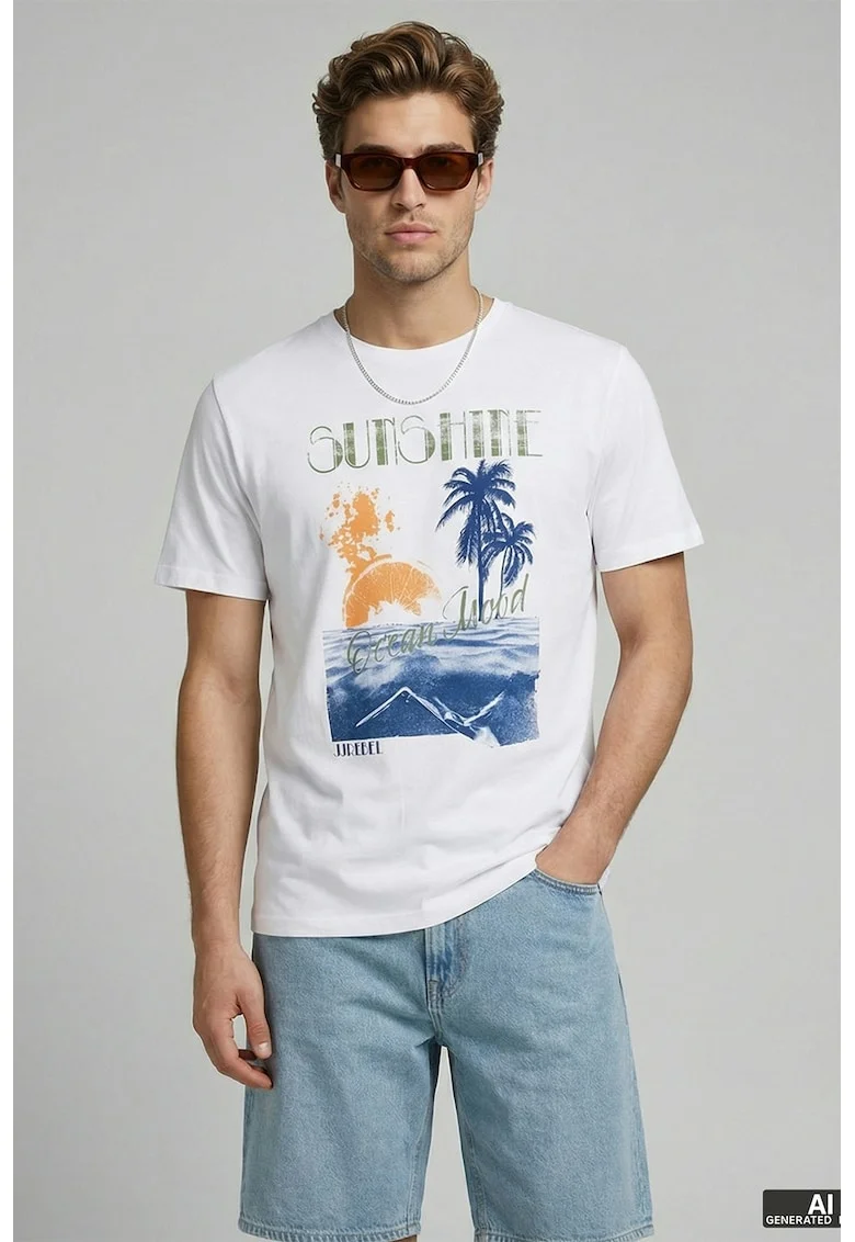Tricou de bumbac cu imprimeu grafic, Alb optic