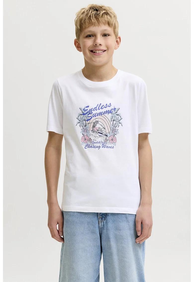 Tricou cu decolteu la baza gatului si imprimeu logo, Alb optic