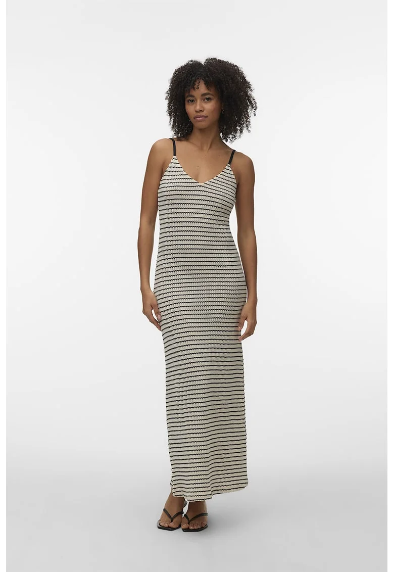 Rochie tricotata slim fit in dungi, Negru/Crem