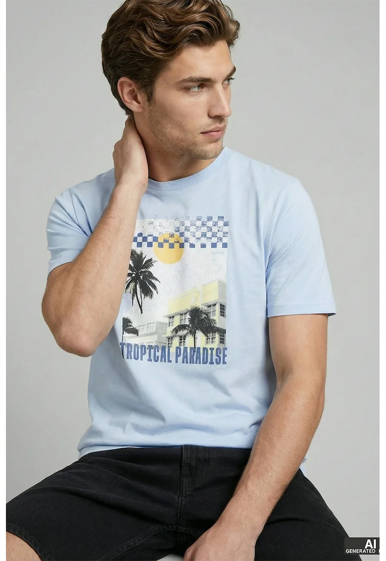 Tricou de bumbac cu imprimeu grafic, Albastru pastel