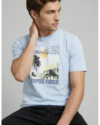 Tricou de bumbac cu imprimeu grafic, Albastru pastel