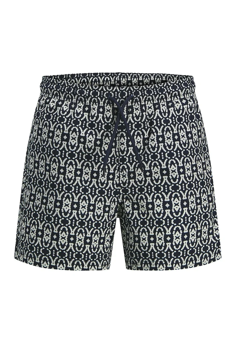 Pantaloni scurti de baie cu snur si imprimeu grafic, Alb/Bleumarin
