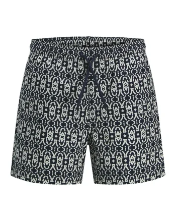 Pantaloni scurti de baie cu snur si imprimeu grafic, Alb/Bleumarin