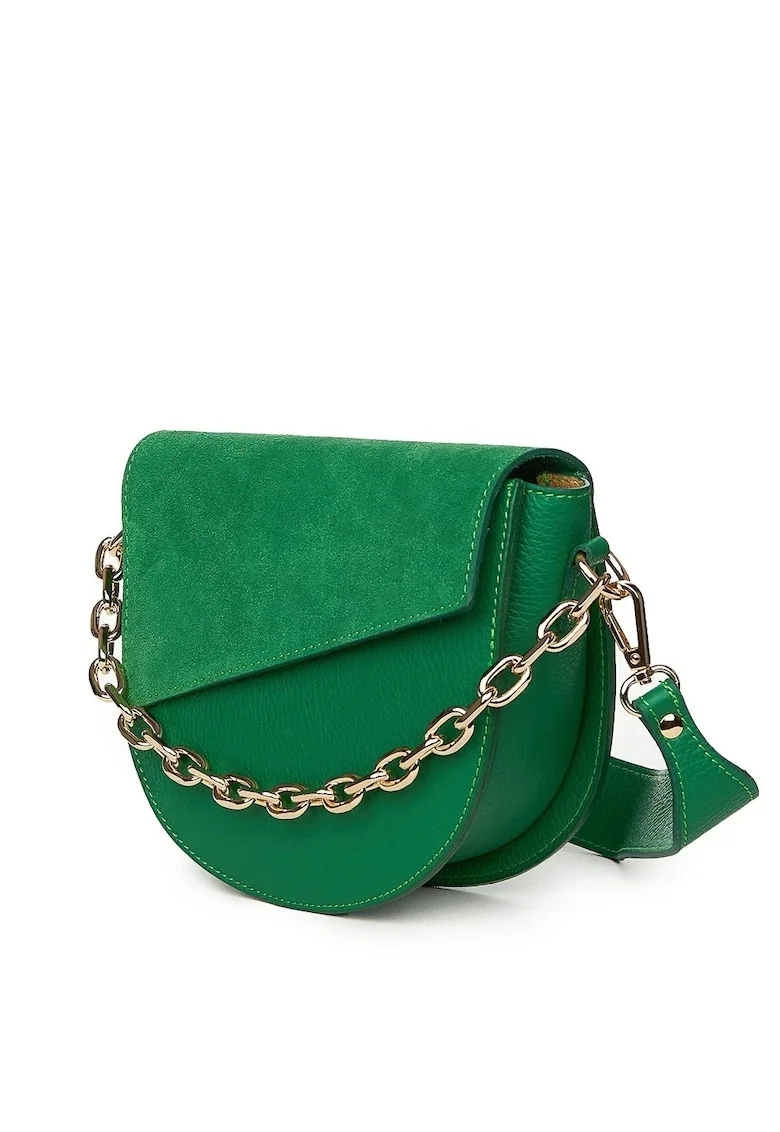 Posetă din piele naturală  model Donna, verde, 18x20x8cm, mânere din lanț auriu