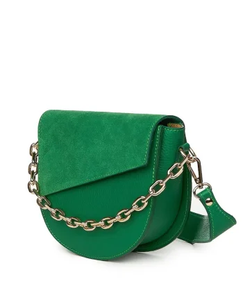 Posetă din piele naturală  model Donna, verde, 18x20x8cm, mânere din lanț auriu