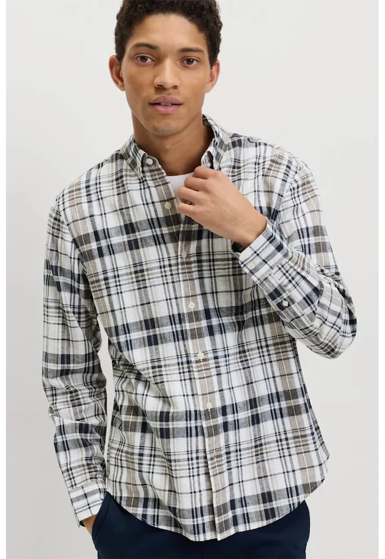 Camasa Oxford din amestec de in cu model in carouri, Multicolor