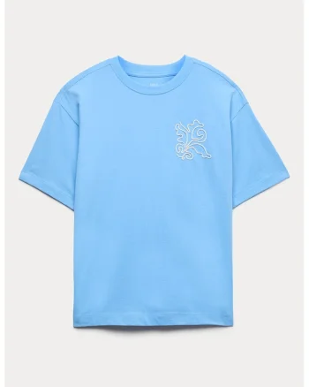 Tricou de bumbac cu broderie, Albastru pastel/Roz pastel