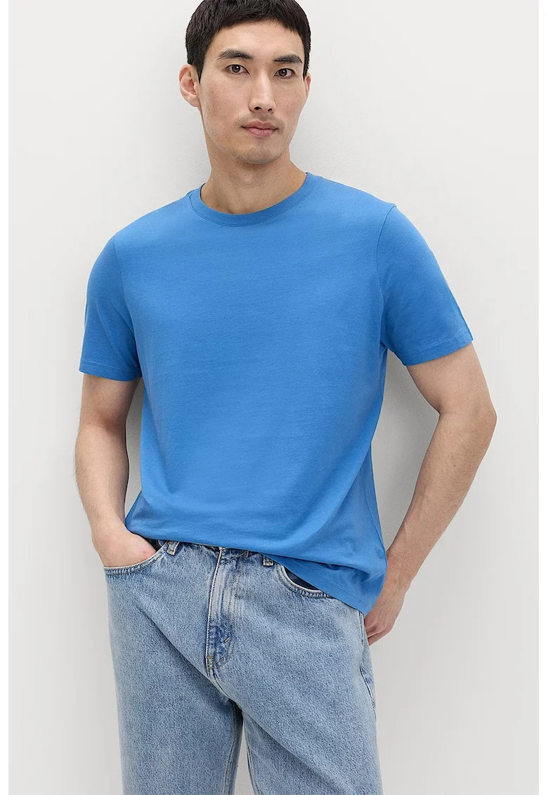 Tricou uni de bumbac cu decolteu la baza gatului, Albastru pastel