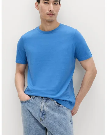Tricou uni de bumbac cu decolteu la baza gatului, Albastru pastel