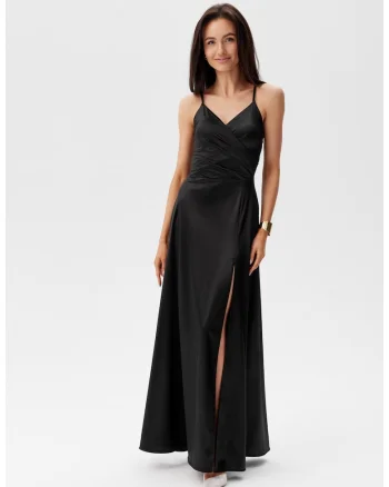Rochie maxi cu decolteu petrecut si slit adanc Serena, Negru