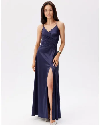 Rochie maxi cu decolteu petrecut si slit adanc Serena, Bleumarin
