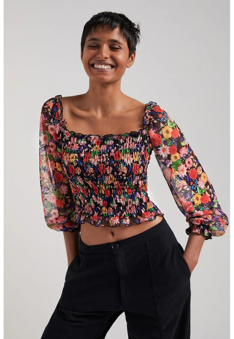 Bluza crop cu imprimeu floral, Multicolor