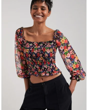 Bluza crop cu imprimeu floral, Multicolor