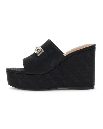 Papuci cu talpa wedge si logo, Negru