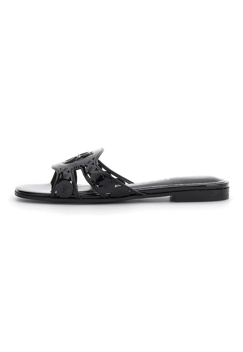 Papuci din piele ecologica cu aspect lacuit, Negru