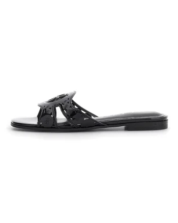 Papuci din piele ecologica cu aspect lacuit, Negru