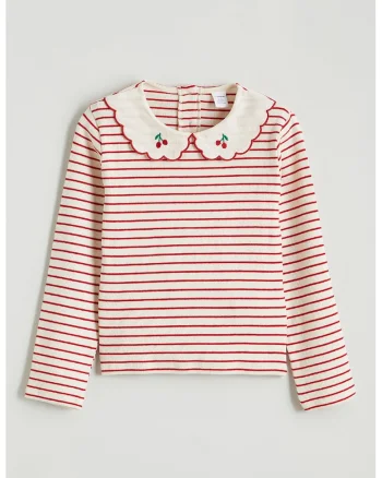 Bluza cu guler Peter-Pan si dungi, Rosu/Alb fildes