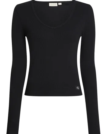 Bluza slim fit cu decolteu in V, Negru