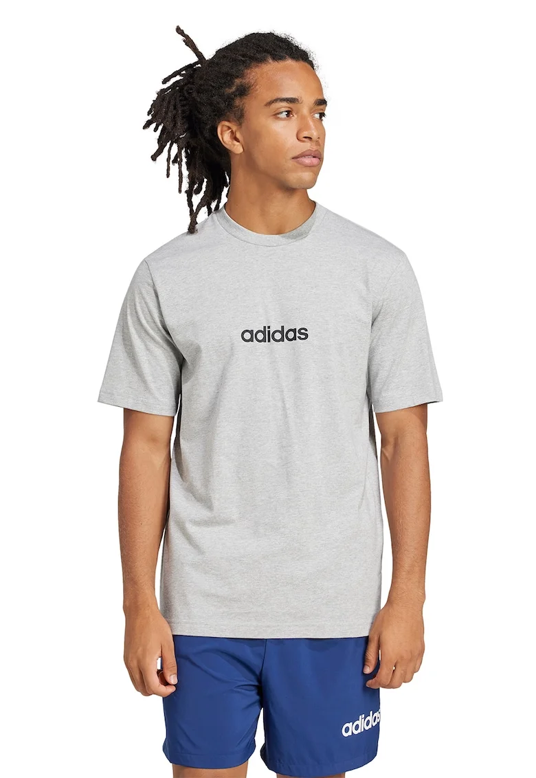 Tricou cu logo pe piept si decolteu la baza gatului, Negru/Gri deschis melange