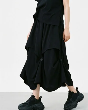 Fusta midi arhitecturala cu drapaje, neagra