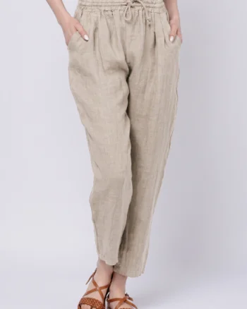 Pantaloni pana din in, cu siret in talie, bej