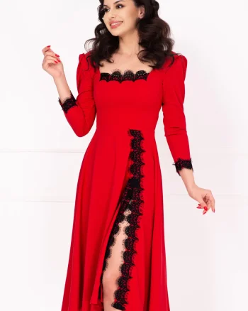 Rochie de ocazie midi rosie Jade in clos cu insertii de dantela
