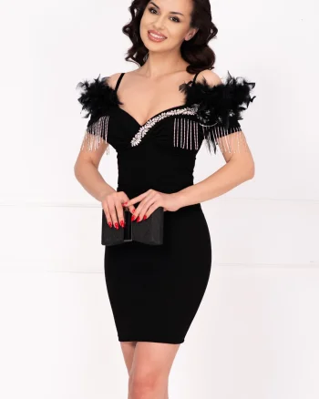 Rochie de ocazie scurta neagra Mercia decorata cu strassuri si fulgi