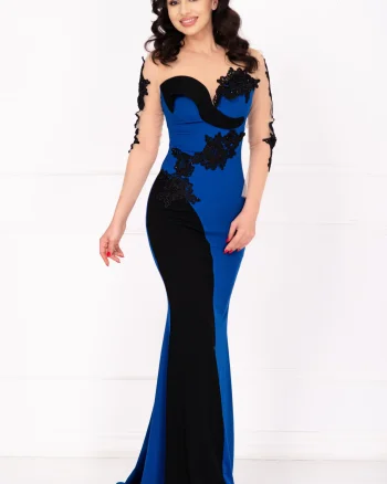 Rochie de seara Twilla albastra tip sirena cu broderie aplicata