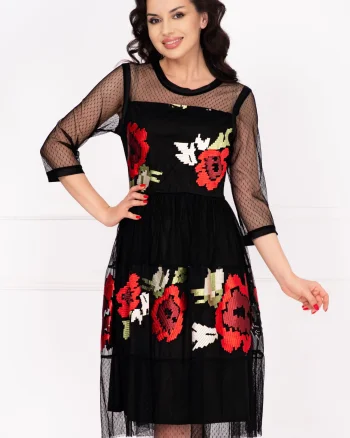 Rochie de ocazie neagra midi Andrada cu broderie florala