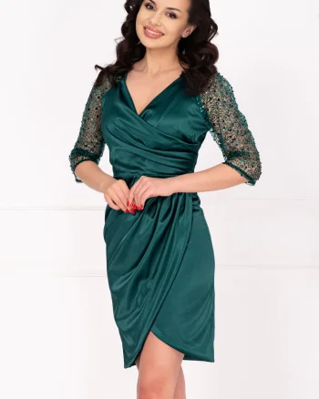 Rochie de ocazie conica verde Lillian cu fronseuri si maneci paietate