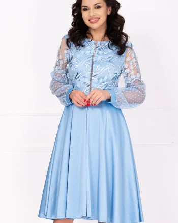 Rochie de ocazie midi bleu Jennifer in clos cu bust brodat