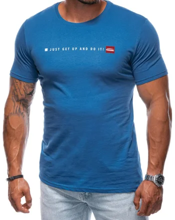 Tricou cu decolteu la baza gatului si imprimeu text, Albastru inchis