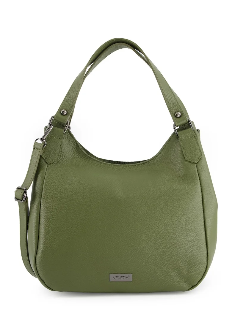 Geanta dama  shopper din piele naturala, verde, 28x30x12cm, cu 3 buzunare interioare, curea detasabila 119cm