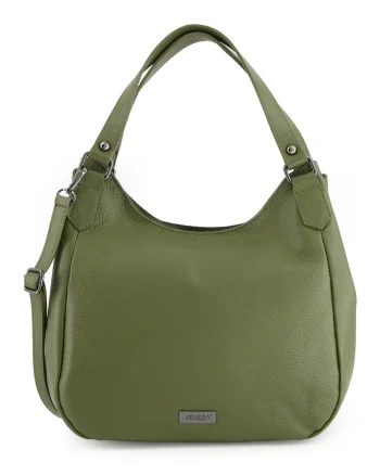 Geanta dama  shopper din piele naturala, verde, 28x30x12cm, cu 3 buzunare interioare, curea detasabila 119cm