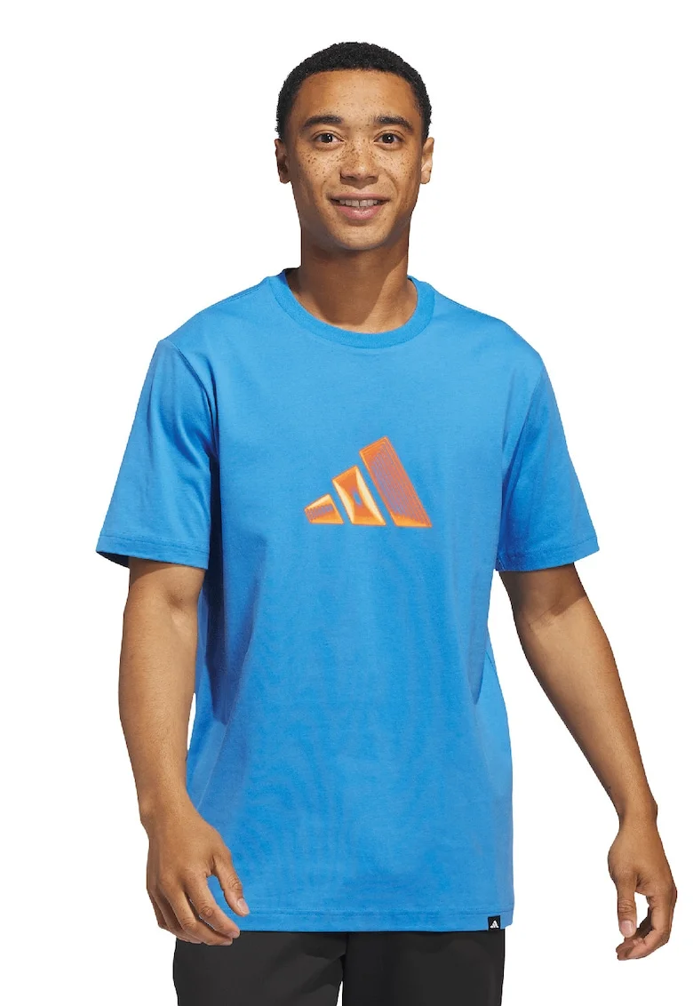 Tricou cu decolteu la baza gatului si imprimeu logo pe partea din fata, Portocaliu/Albastru deschis