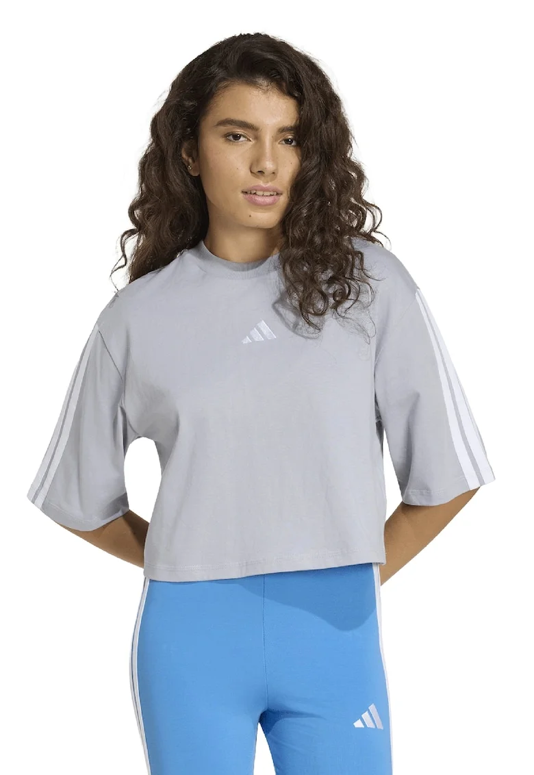 Tricou crop cu croiala lejera si logo, Gri deschis