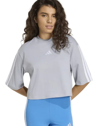 Tricou crop cu croiala lejera si logo, Gri deschis