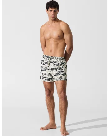 Pantaloni scurti de baie cu imprimeu grafic si buzunare laterale, Negru/Alb murdar