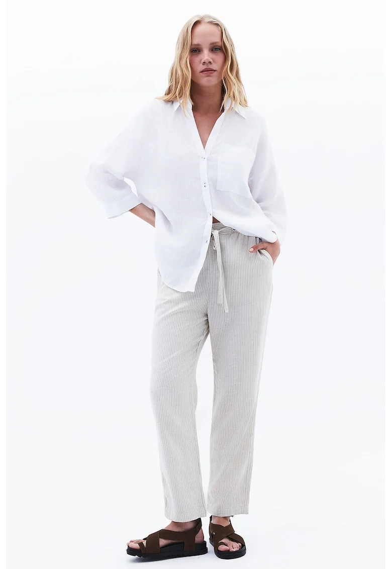 Pantaloni drepti din amestec de in cu model in dungi, Negru/Alb murdar