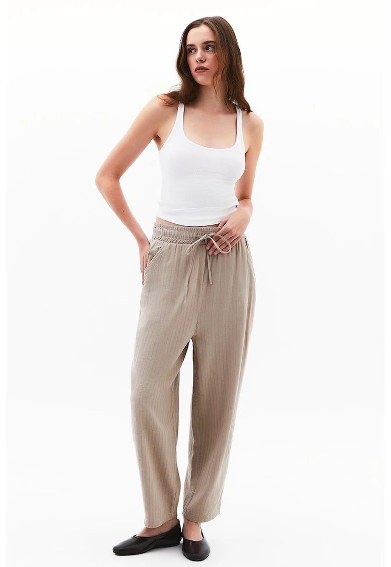 Pantaloni din amestec de in cu snur in talie, Bej inchis