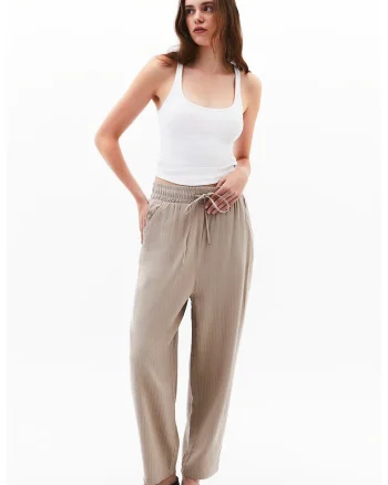 Pantaloni din amestec de in cu snur in talie, Bej inchis