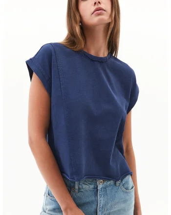 Tricou de bumbac cu decolteu la baza gatului, Albastru inchis