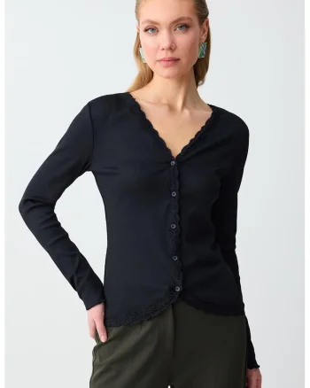 Cardigan tricotat fin cu terminatii valurite, Negru stins